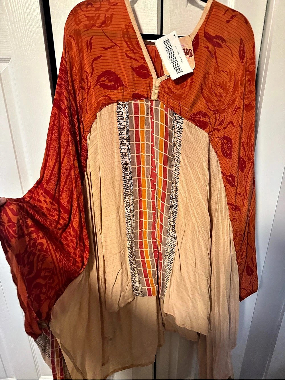Kantha Bae Crepe Sari Eclipse Dress Abstract Print Tunic in Orange & Beige NWT